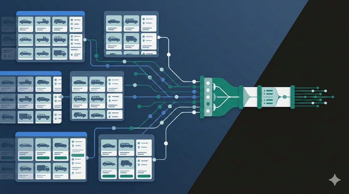 Annonces de voitures d'occasion provenant de plusieurs plateformes convergeant vers un pipeline de données unifié