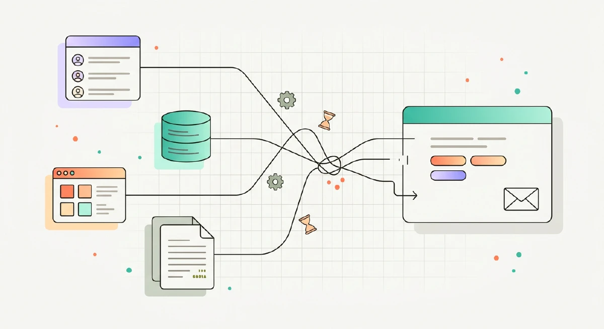 Avant&nbsp;: données de contact depuis Pipedrive, l'application, Sellerbase et fichiers CSV s'écoulant de manière chaotique vers Brevo avec intervention manuelle requise.