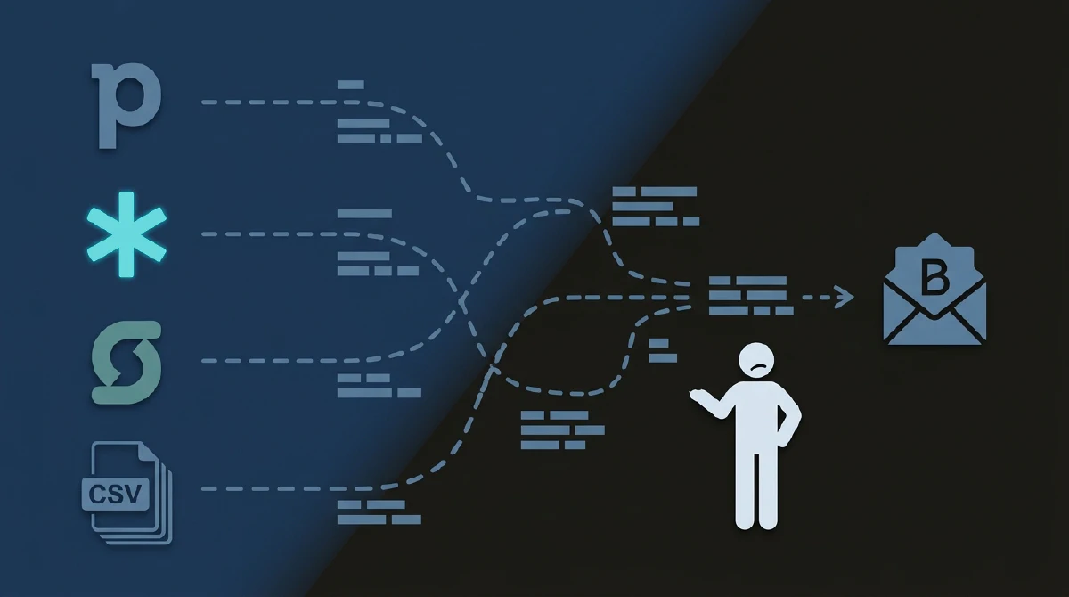 Avant&nbsp;: données de contacts provenant de Pipedrive, de l'application, de Sellerbase et de fichiers CSV convergeant de manière chaotique vers Brevo avec intervention manuelle requise.