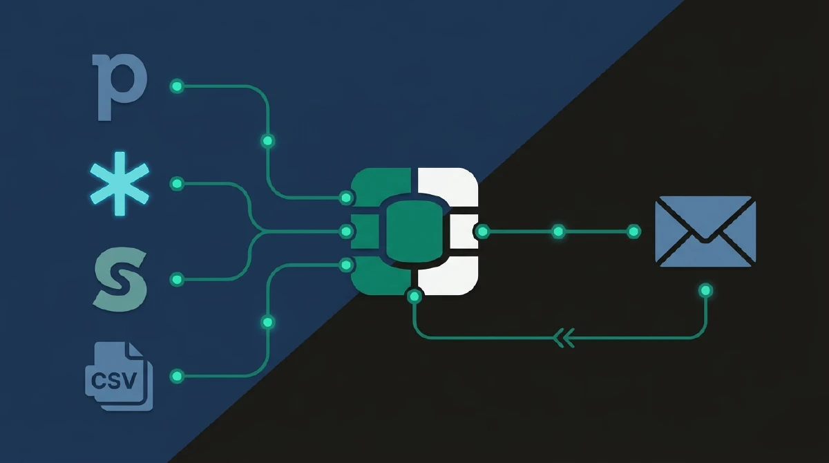 Après&nbsp;: les quatre sources de données alimentent directement Brevo via un pipeline de synchronisation centralisé.