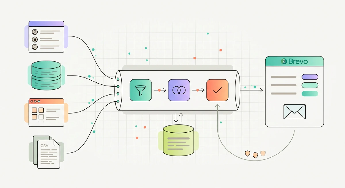 Après&nbsp;: les quatre sources de données alimentant directement Brevo via un pipeline de synchronisation centralisé.